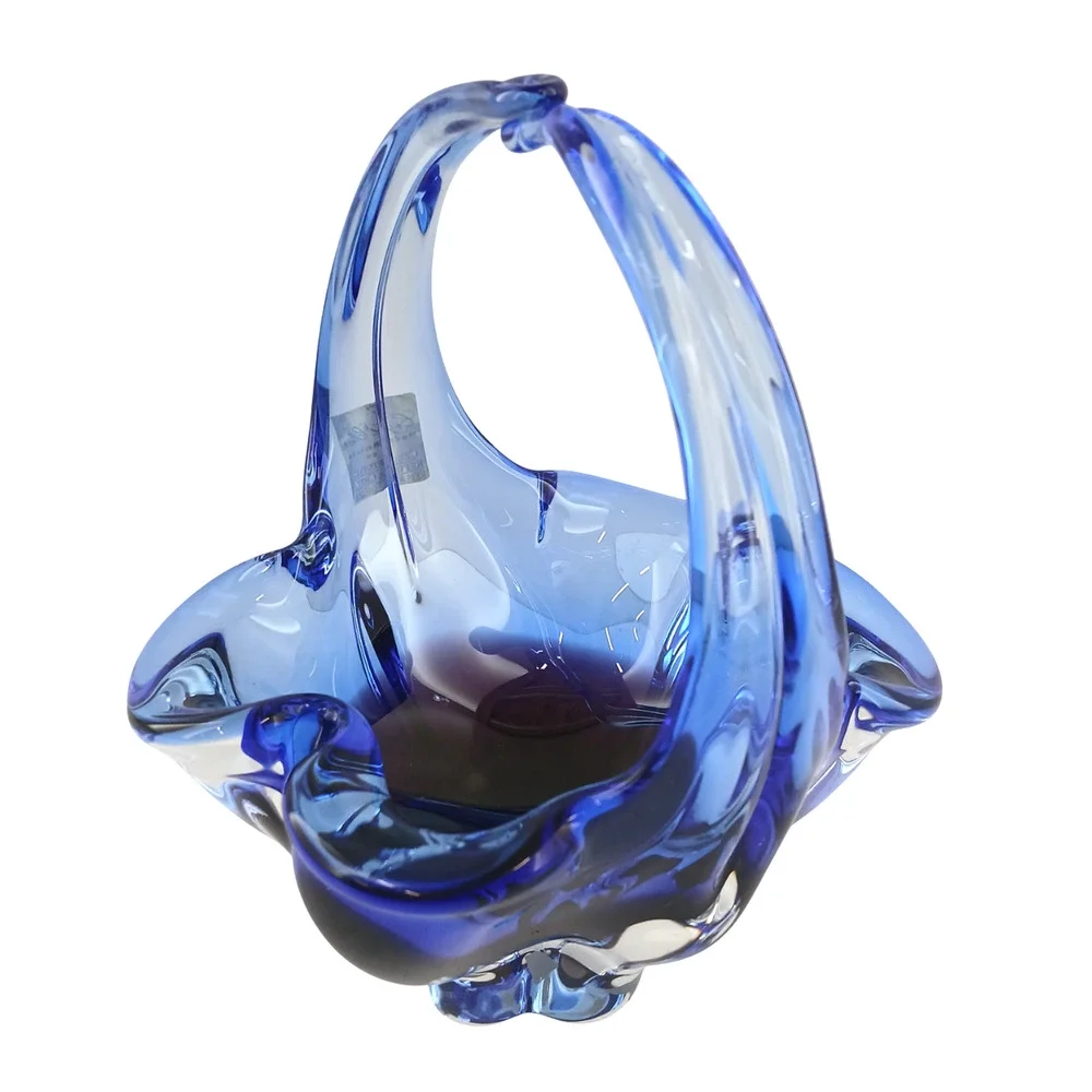 Crystal Clear Basket Hand Blown Art Glass Blue/Pink 7.5